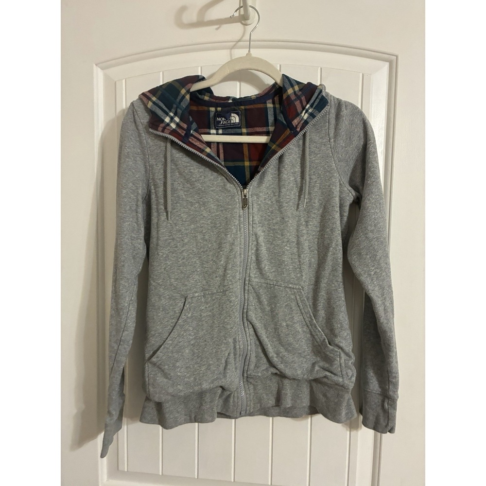 North Face Hoodie Womens Small Heather Gray Plaid Lining Full Zip Retro Jacket